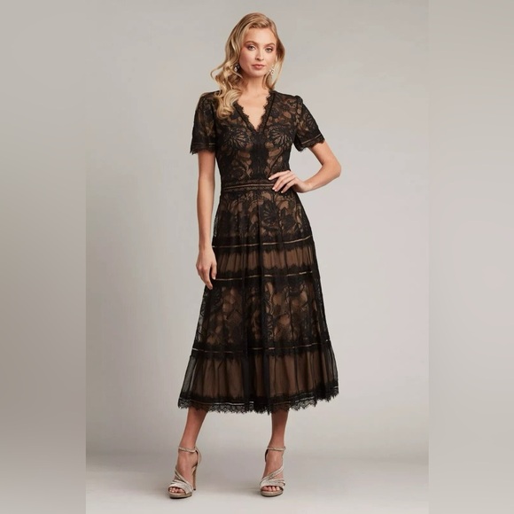 Tadashi Shoji Dresses & Skirts - new Tadashi Shoji v neck short sleeve lace mesh cocktail midi dress in black